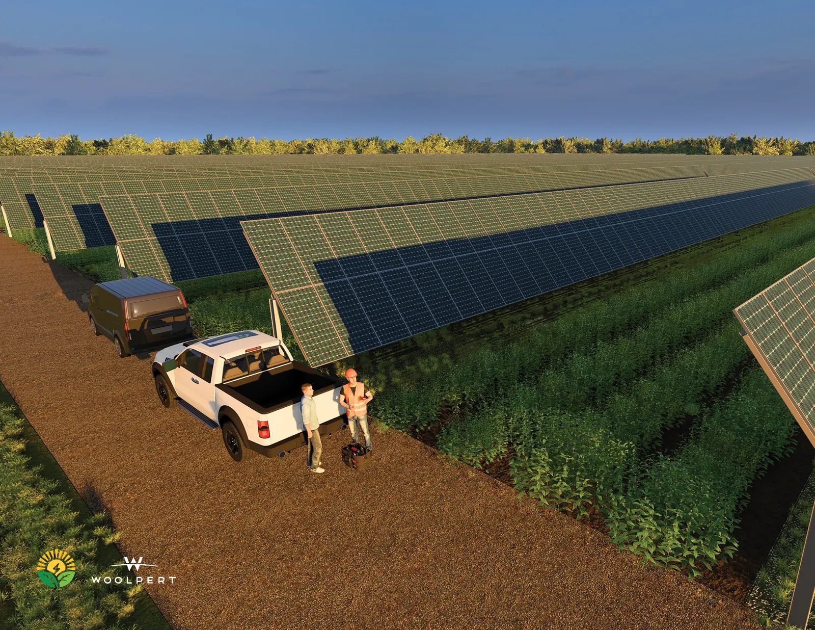 Solargation solar arrays over agricultural fields in morning position